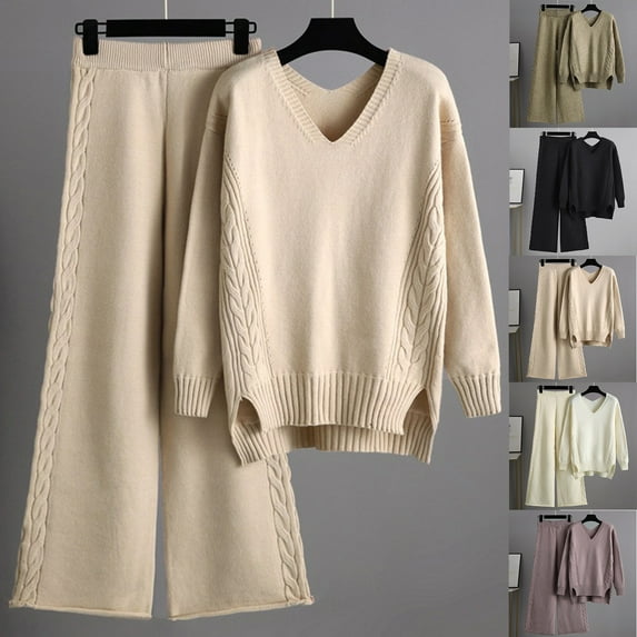 Lovskoo 2024 Women's Sweater Set Trendy Versatile Round Neck Long Sleeve Loose Top Blouse Pants Set Khaki