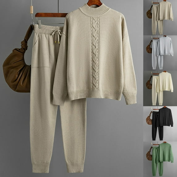 Lovskoo 2024 Women's Sweater Set Trendy Versatile Round Neck Long Sleeve Loose Top Blouse Pants Set Khaki