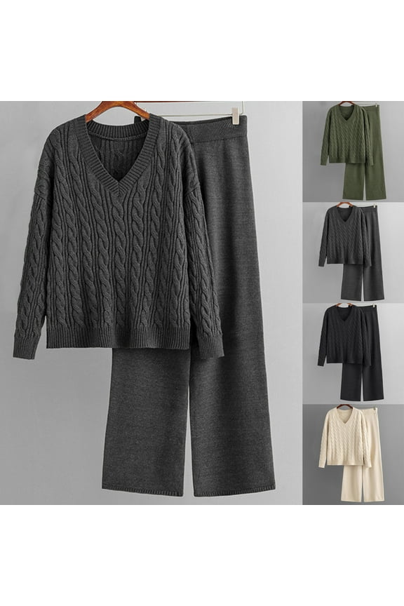 2024 Women's Sweater Set Trendy Wide Leg Pants Sweater Two Piece Set V Neck Knitted Suit Black