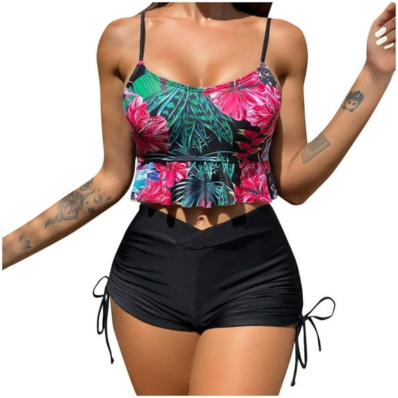 Lovskoo 2024 Women's Swimsuits 2 Piece Sleeveless Trendy Printed Casual Split High Waist Boardshort Beach Bikinis Bathing Suit Black-S