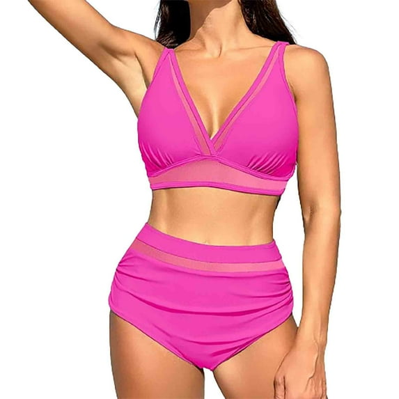 Lovskoo 2024 Women's Swimsuits 2 Piece Sleeveless Trendy Top and Pants Split Bathing Suit Hot Pink-M