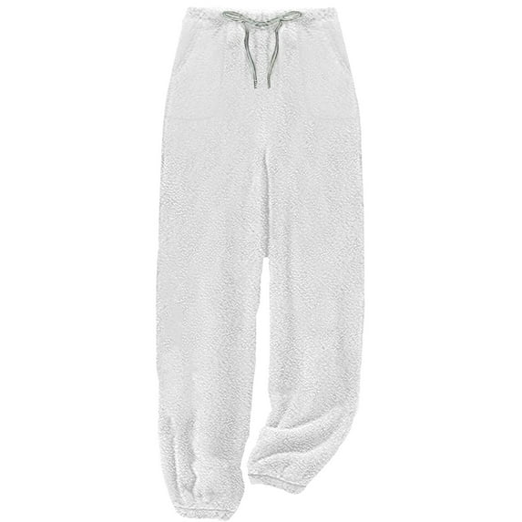 Lovskoo Women's Fuzzy Lounge Pants Winter Solid Color Pants Comfortable Home Drawstring Pants Pocket Leg Tights White