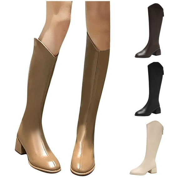 Lovskoo 2024 Women's Thigh-High Horse Riding Boots Leather Knee High Cowboy Boots Back Zipper Wide Calf Comfortable Shoes Western Chunky Heel Boots Black