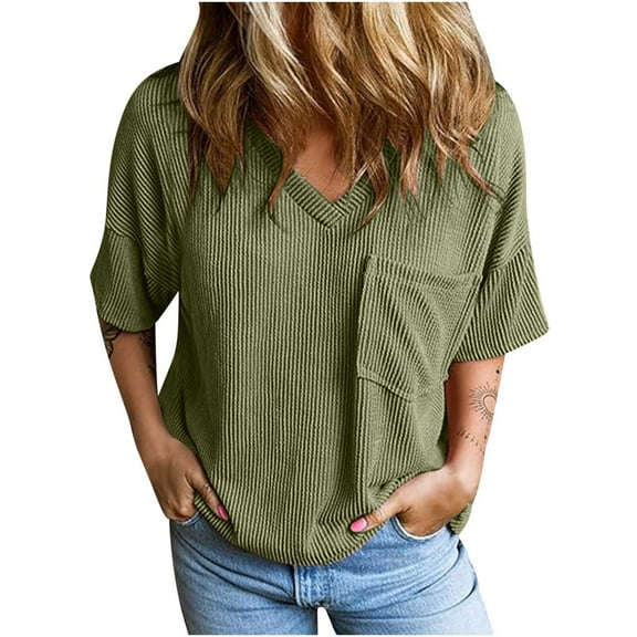 Lovskoo 2024 Women's Trendy Short Sleeve Shirts Oversized Knitted Tops V Neck Blouses for Women Solid Color Loose Casual Green-M