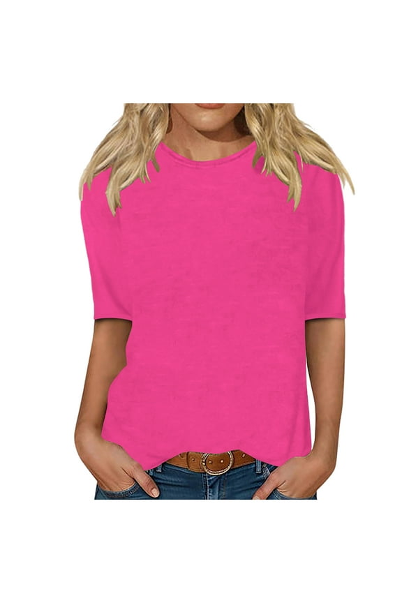 2024 Women's Trendy Spring Summer Half Sleeve Tops 2024 Short Sleeve Sweaters Solid Color Crew Neck Lightweight Thin Knit Clothes Blouse Shirts Hot Pink-M