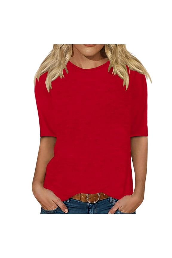 2024 Women's Trendy Spring Summer Half Sleeve Tops 2024 Short Sleeve Sweaters Solid Color Crew Neck Lightweight Thin Knit Clothes Blouse Shirts Red-M