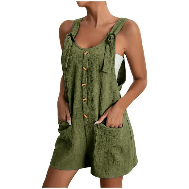 Lovskoo 2024 Women s Trendy Summer Casual Sleeveless Suspender Short Romper Jumpsuit Olive Green 2XL