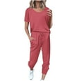 thumbnail image 1 of Lovskoo 2024 Women's Two Piece Outfit Short Sleeve Pullover with Drawstring Long Pants Tracksuit Jogger Set For Mountain climbing Watermelon Red-S, 1 of 6