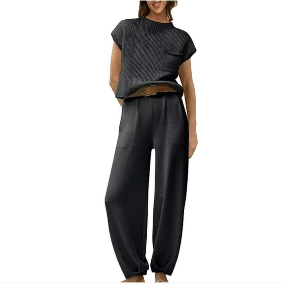 Lovskoo 2024 Women's Two Piece Outfits Sweater Sets Cap Short Sleeved Round Neck Knit Pullover Tops and High Waisted Pants Lounge Sets Black L