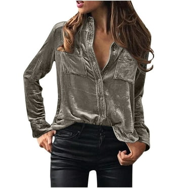 Lovskoo 2024 Women's Velvet Shirt Long Sleeve Winter Button Down Casual Tops Silver