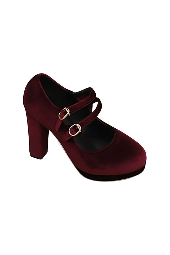 2024 Women's Vintage Chunky Platform Mary Heels Pumps Shoes Closed Toe Velvet Ankle Strap Sandals High Block Heels Dress Shoes Claret