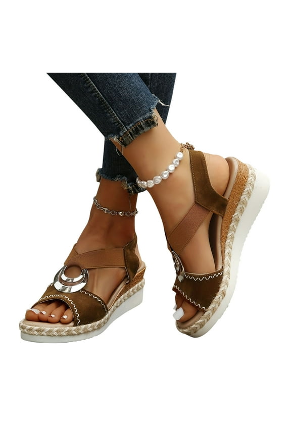 2024 Women's Wedge Espadrille Sandals Summer Bohemian Shoes Open Toe Dressy Platform Sandals Slip on Elastic Ankle Strap Sandals Brown