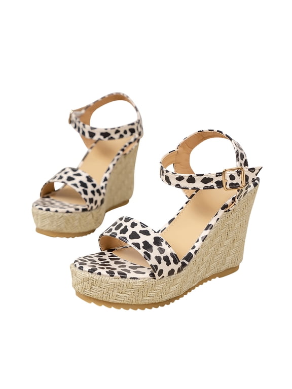 Women's Wedge Espadrille Sandals Summer Open Toe Large Size Leopard Print Platform Belt Buckle Sandals Beach Shoes Beige