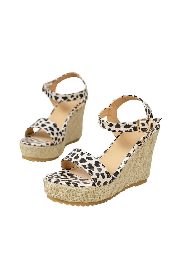 2024 Women's Wedge Espadrille Sandals Summer Open Toe Large Size Leopard Print Platform Belt Buckle Sandals Beach Shoes Beige