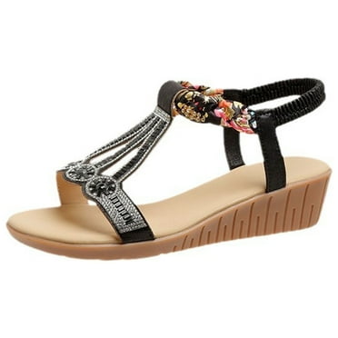 Lovskoo 2024 Women's Wedge Sandals Open Toe Rhinestone Summer Bohemian Shoes Casual Dressy Ankle Strap Platform Sandals Black