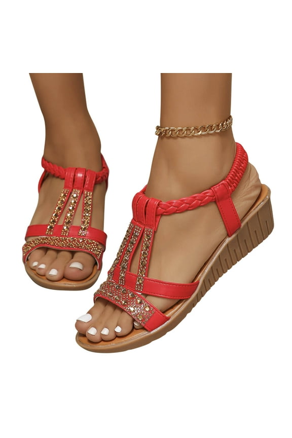 2024 Women's Wedge Sandals Open Toe Rhinestone Summer Bohemian Shoes Casual Dressy Ankle Strap Platform Sandals Red
