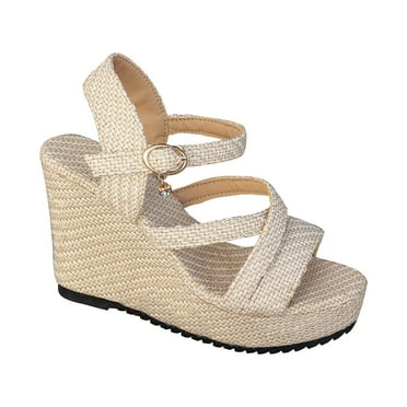 Lovskoo 2024 Women's Wedge Sandals Open Toe Summer Casual Dressy Ankle Strap Platform Sandals Beige
