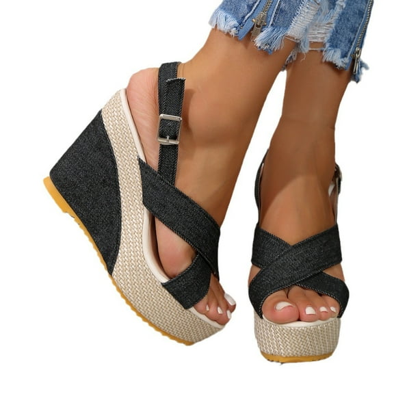 Lovskoo 2024 Women's Wedge Sandals Open Toe Summer Casual Dressy Ankle Strap Platform Sandals Black