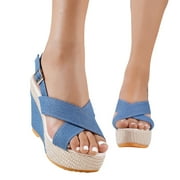 Lovskoo 2024 Womens Wedge Sandals Open Toe Summer Casual Dressy Ankle Strap Platform Sandals Blue