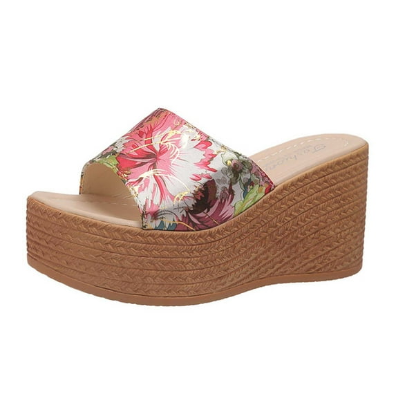 Lovskoo 2024 Women's Wedge Slipper Open Toe Summer Floral Platform Solid Color Floral Wedge Sandals Red