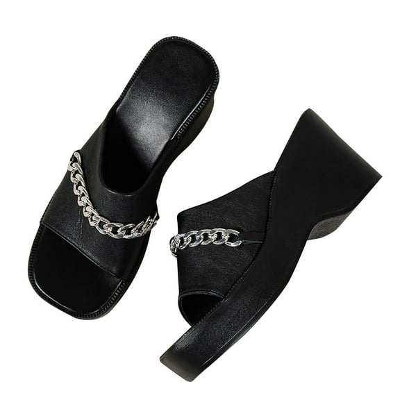 Lovskoo 2024 Women's Wedge Slipper Open Toe Summer Plus Size Elevating Platform Chain Casual Flip-Flops Black