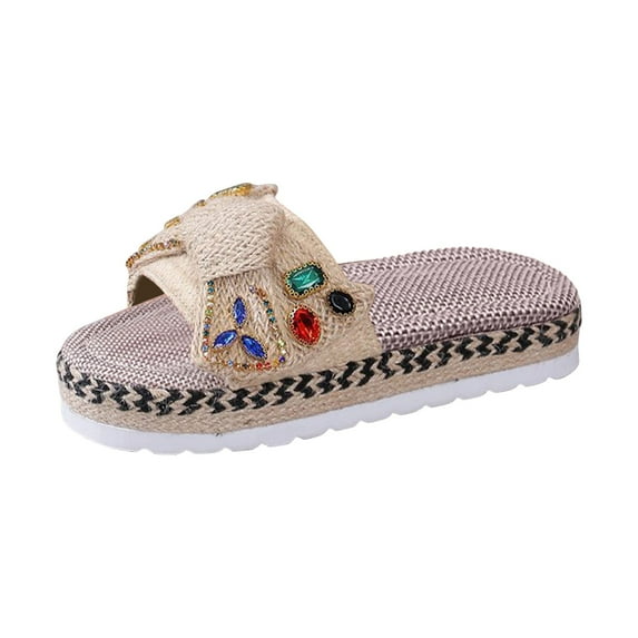 Lovskoo 2024 Women's Wedges Heels Sandals Large Size Solid Color Platform Straw Boho Style Slip On Wedge Heels Sandals Beige