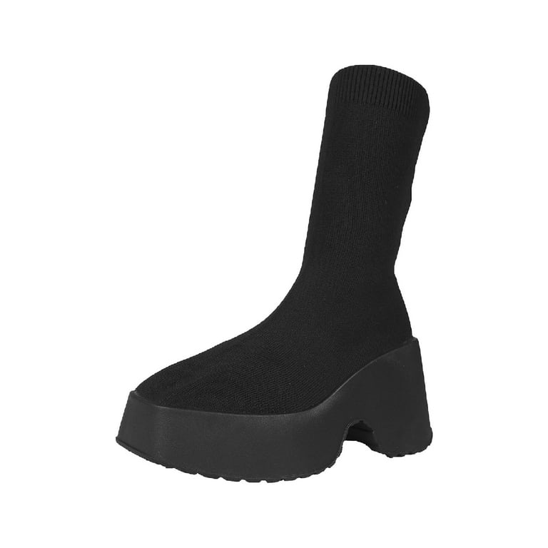 Lovskoo 2024 Women s Wedges Mid Calf Boots Knit Comfortable Round Toe Platform Sock Booties Black