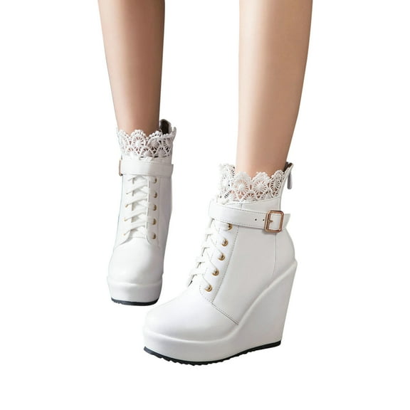 Lovskoo 2024 Women's Wedges Shoes Slope Heeled High Heels With Fleece Thick Soles Short Snow Boots Lace Up Cotton Shoes White