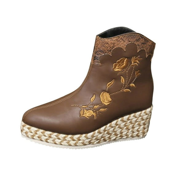 Lovskoo 2024 Women's Western Cowboy Wedge Ankle Booties Embroidered Pointed Toe Platform Heels Invisible Height Increasing Shoes Straw Bottom Pull On Boots Brown