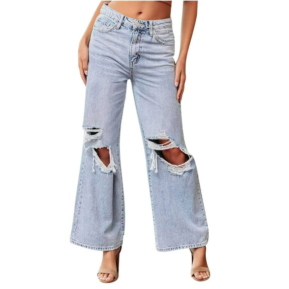 Lovskoo 2024 Women's Wide Leg Baggy Ripped Jeans Big Holes High Waisted Stretch Straight Denim Pants Light Blue