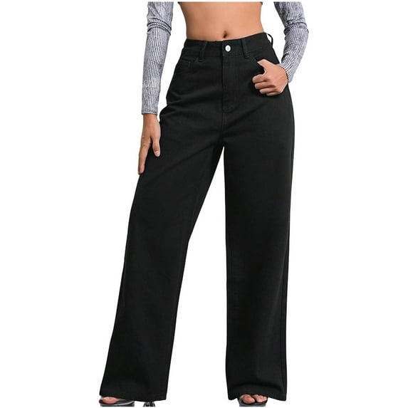 Lovskoo 2024 Women's Wide Leg Jeans Trendy Denim Trendy High Waist Loose Straight Leg Jeans Black L