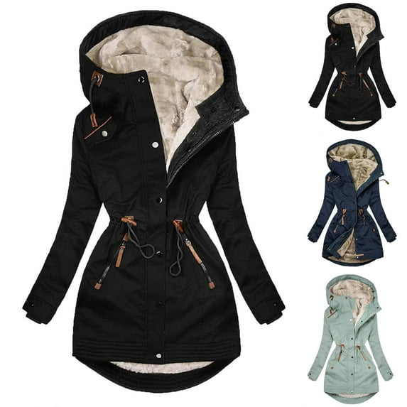 Lovskoo 2024 Women's Winter Coats Fleece Parkas Anoraks Hooded Thick Warm Long Sleeve Open Front Solid Blouse Coat Zipper Button Outerwear Coat Black