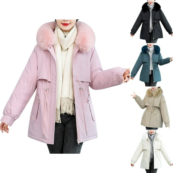 Lovskoo 2024 Women's Winter Coats Fleece Parkas Anoraks Thick Warm Long Sleeve Hooded Cotton Padded Coat Outerwear Dark Blue