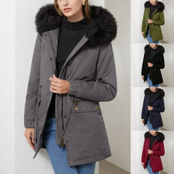 Lovskoo 2024 Women's Winter Coats Fleece Parkas Anoraks Thick Warm Long Sleeve Ladies Fuzzy Padded Jacket Hooded Collared Warm Coat Navy