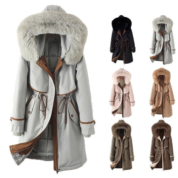 Lovskoo 2024 Women's Winter Coats Fleece Parkas Plus Size Anoraks Hooded Thick Warm Comfy Stylish Stitching Detachable Long Sleeve Outerwear Casual Long Cardigan Jacket Beige
