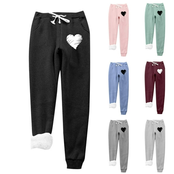 Lovskoo 2024 Women's Winter Sweatpants Shearling Fleece Lined Love Printing Leggings with Elastic Drawstring Pockets Thick Warm Pants Black