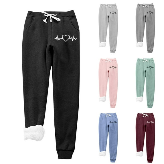 Lovskoo 2024 Women's Winter Sweatpants Shearling Fleece Lined Love Printing Leggings with Elastic Drawstring Pockets Thick Warm Pants Green