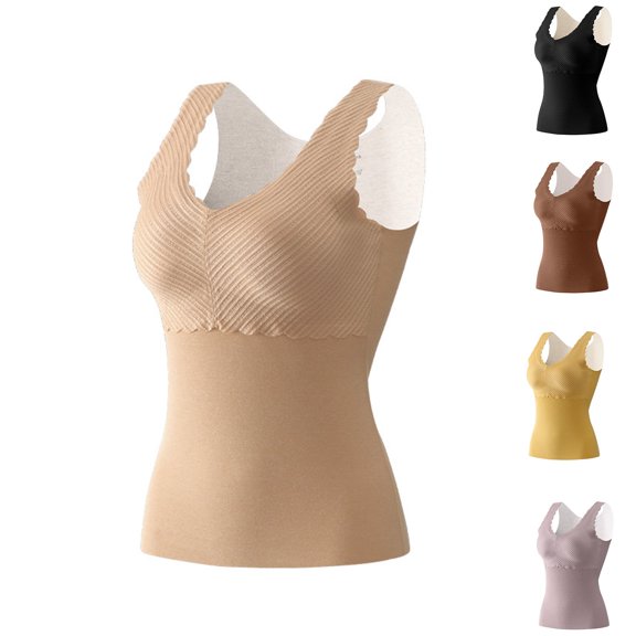 Lovskoo 2024 Women's Winter Thermal Fleece Lined Underwear Tops Cami Tank Top Self-Heating Lace Seamless Fleece Bottoming Cold-Proof Warm Base Layer Vest Beige