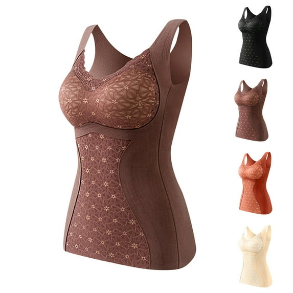 Lovskoo 2024 Women's Winter Thermal Fleece Lined Underwear Tops Cami Tank Top Self-Heating Lace Seamless Fleece Bottoming Cold-Proof Warm Base Layer Vest Coffee