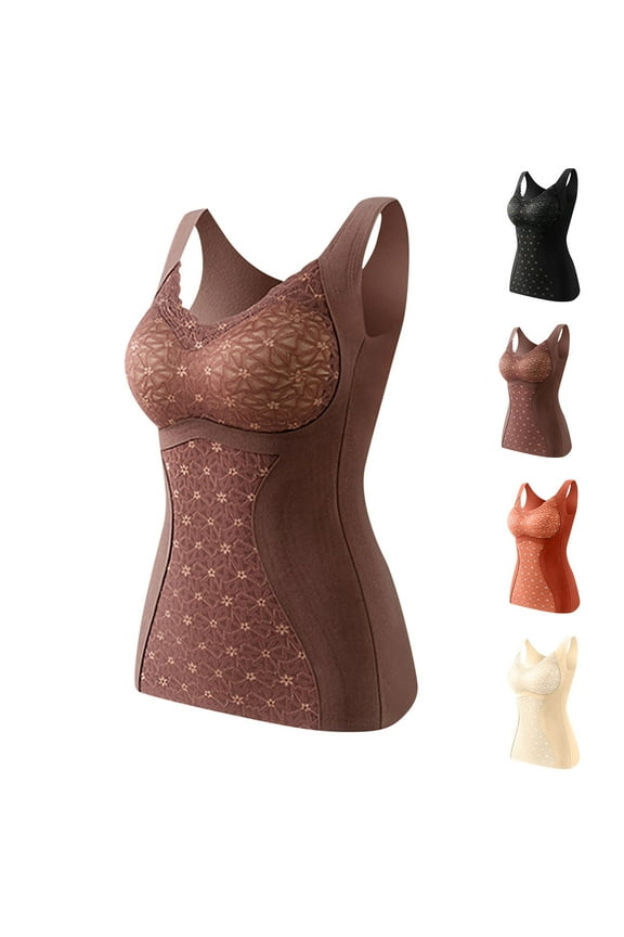 2024 Women's Winter Thermal Fleece Lined Underwear Tops Cami Tank Top Self-Heating Lace Seamless Fleece Bottoming Cold-Proof Warm Base Layer Vest Beige