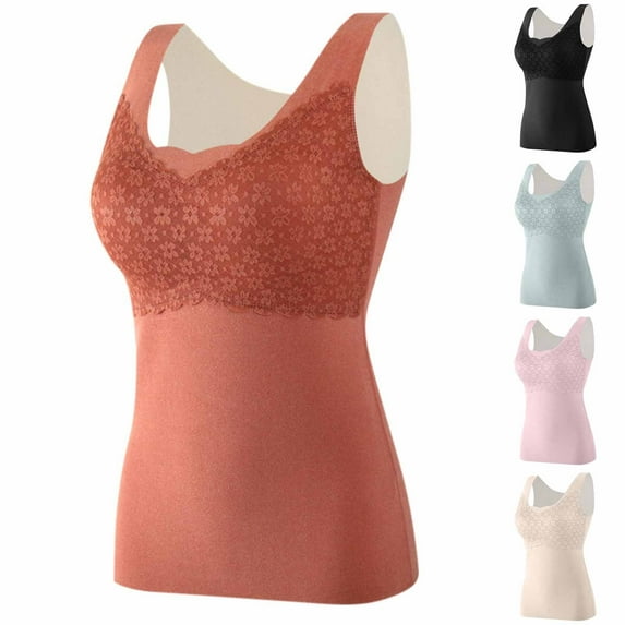 Lovskoo 2024 Women's Winter Thermal Fleece Lined Underwear Tops Sleeveless Cami Tank Top Self-Heating Lace Seamless Fleece Bottoming Cold-Proof Warm Base Layer Vest Claret