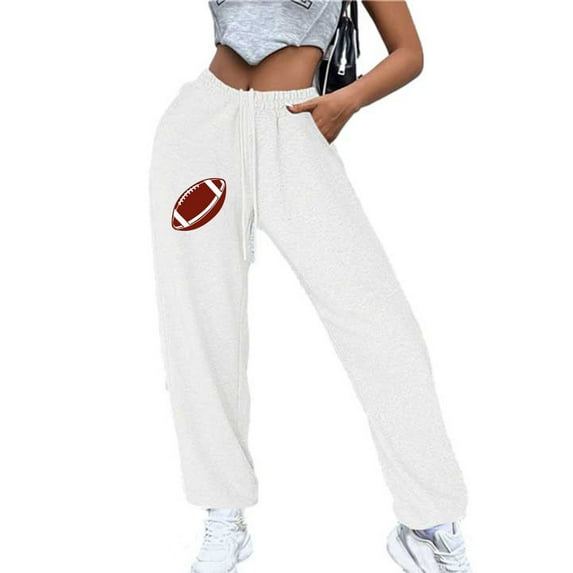 Lovskoo 2024 Women's Winter Warm Fleece Joggers Pants Sherpa Lined Drawstring Football Printed Athletic Active Sweatpants White 3XL