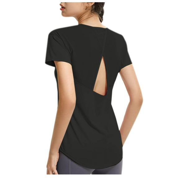 Lovskoo 2024 Women's Workout Shirts Short Sleeve Athletic Shirts Gym Performance T Shirts Round Neck Yoga Tops Black XL