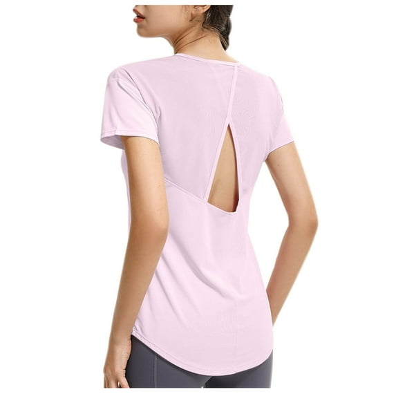 Lovskoo 2024 Women's Workout Shirts Short Sleeve Athletic Shirts Gym Performance T Shirts Round Neck Yoga Tops Purple S