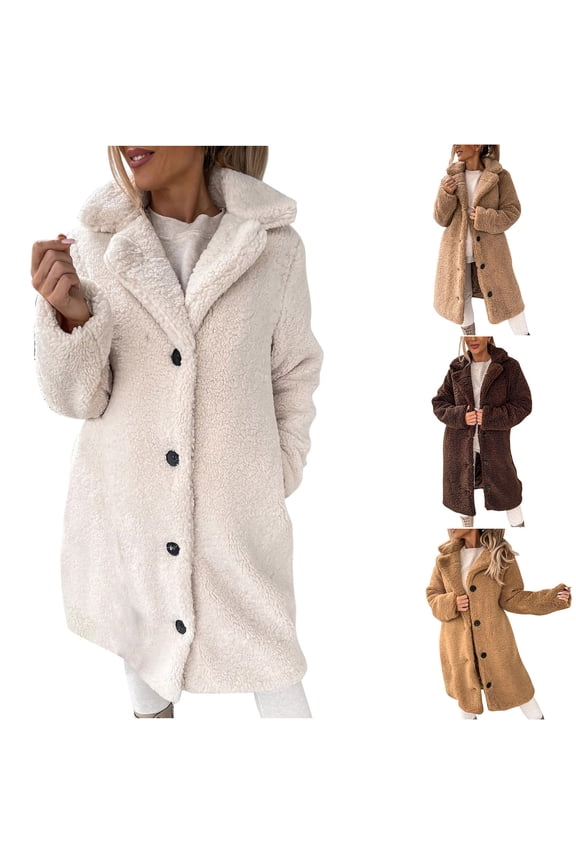 Womens 2023 Winter Fleece Teddy Sherpa Jacket Thick Warm Longline Coats with Pockets Overcoat Outerwear Beige