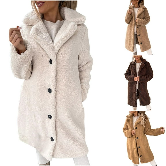 Lovskoo 2024 Womens 2023 Winter Fleece Teddy Sherpa Jacket Thick Warm Longline Coats with Pockets Overcoat Outerwear Khaki