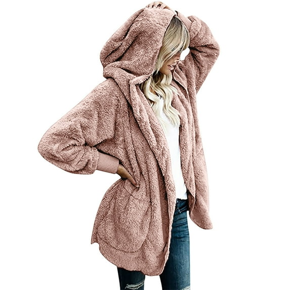 Lovskoo 2024 Womens 2023 Winter Fuzzy Fleece Open Front Hooded Cardigans Long Sleeve Winter Warm Solid Jacket Coats Outerwear Cardigans with Pocket Pink
