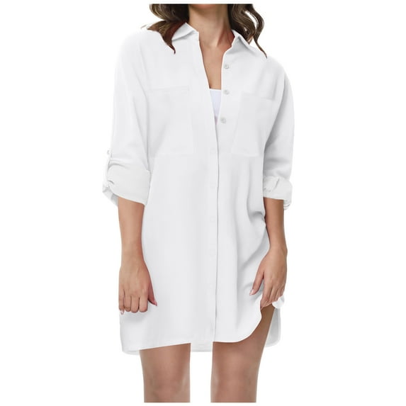 Lovskoo 2024 Womens Button Down Shirts Long Roll Up Sleeve Collared Work Blouses Oversized Loose Tops with Pocket White-2XL
