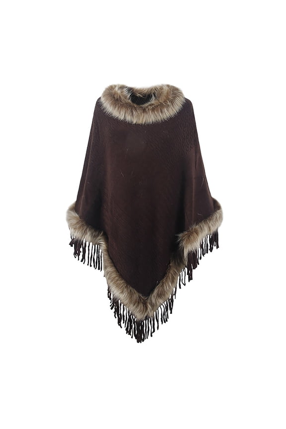 Womens Cape Winter Warm Coat Faux Fur Trim Shawl Cloak Sleeveless Elegant Pullover Shawls Cape Coffee