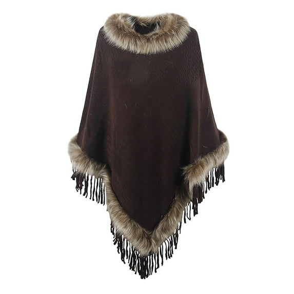 Lovskoo 2024 Womens Cape Winter Warm Coat Faux Fur Trim Shawl Cloak Sleeveless Elegant Pullover Shawls Cape Coffee